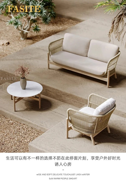 Outdoor rattan sofa courtyard garden open-air balcony leisure outdoor solid wood teak villa