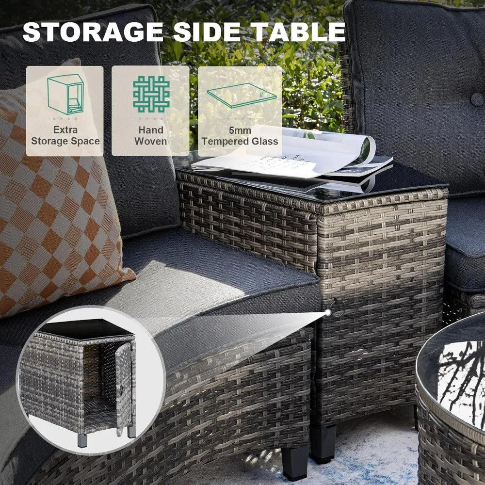 11 Piece Outdoor Patio Furniture Set, Half-Moon Curved Sectional Sofa Rattan Conversation Set with Wood Armrests, Co