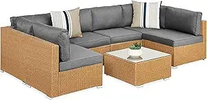 Seven Piece Modular Set, Outdoor Sectional Wicker Patio, Conversation With Two Pillows, Coffee Table Cover Included