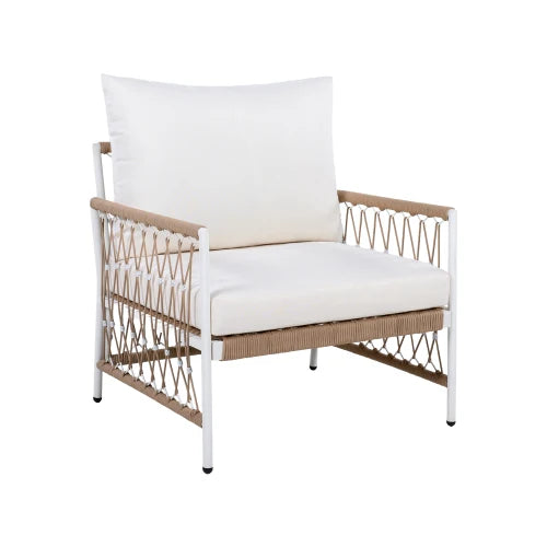 [Set of 2] Bohemian Outdoor Lounge Chair with Handwoven Rope & Powder-Coated Steel Frame, Waterproof Cushions