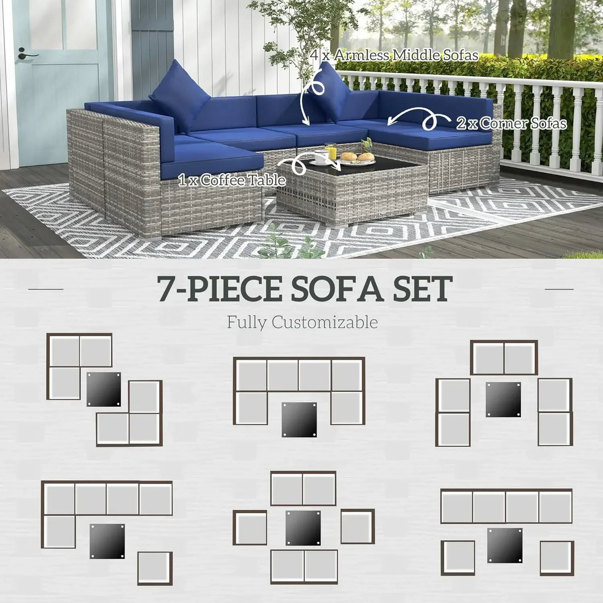 7-Piece Patio Furniture Set, Outdoor Wicker Conversation Set, All Weather PE Rattan Sectional Sofa Set with Glass Table, Pillows