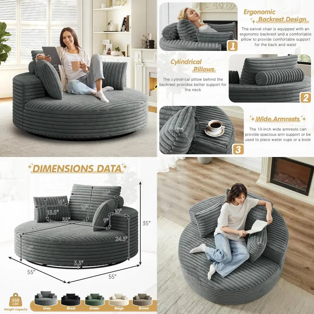 "Oversized 55 Inch Round Swivel Barrel Chair - 360 Degree Corduroy Upholstered Comfortable Chaise Lounge Chair for Indoor Use, M