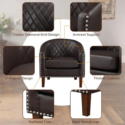 Nordic luxury Comfy Barrel Accent Chair Set, Grid Backrest Diamond, Faux Leather with Cushion for Living Room Club