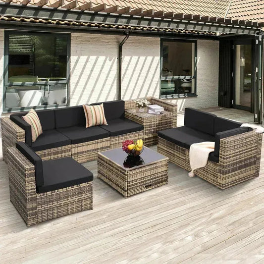 QAZ8-Q8 pieces outdoor Wicker rattan patio sectional furniture set.glass top table with hidden storage.7 sofa sections.oversized