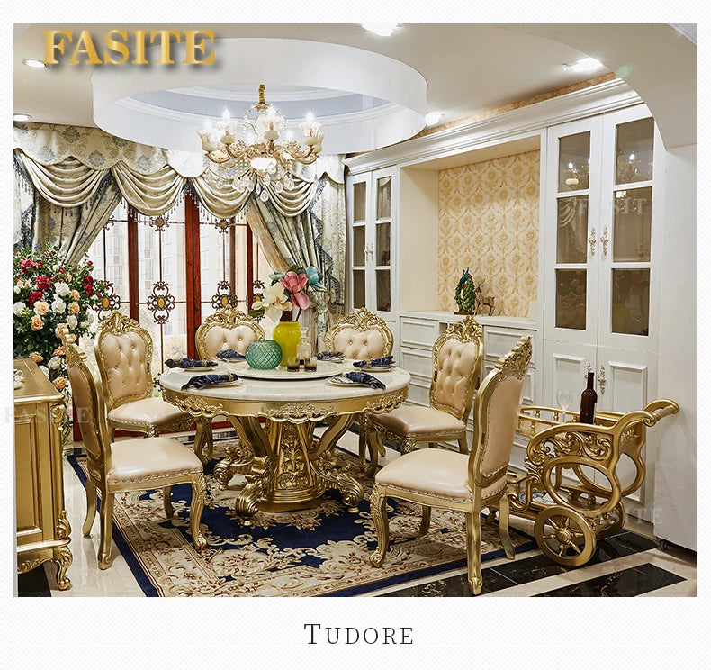 European round dining table and chair combination full solid wood carving flower dining table French marble round dining table