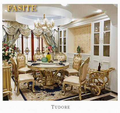 European round dining table and chair combination full solid wood carving flower dining table French marble round dining table