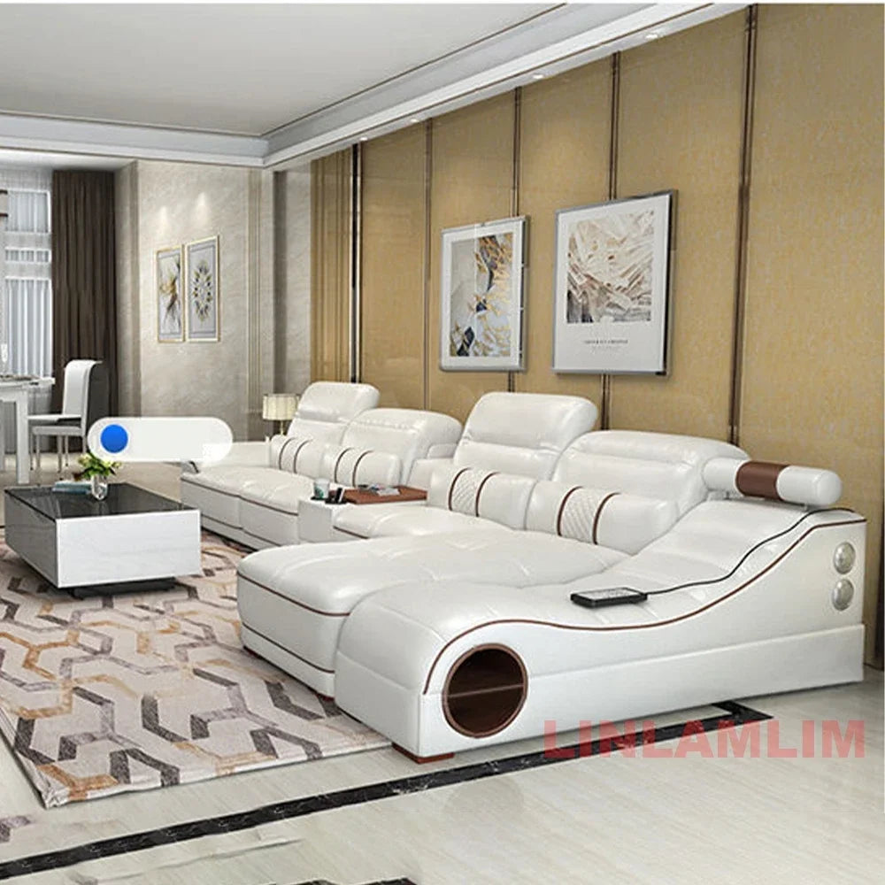 MINGDIBAO Modern Luxury Sectional Sofa Set with Chaise Lounge – Italian Genuine Leather Couch with Speakers, USB Port & Storage