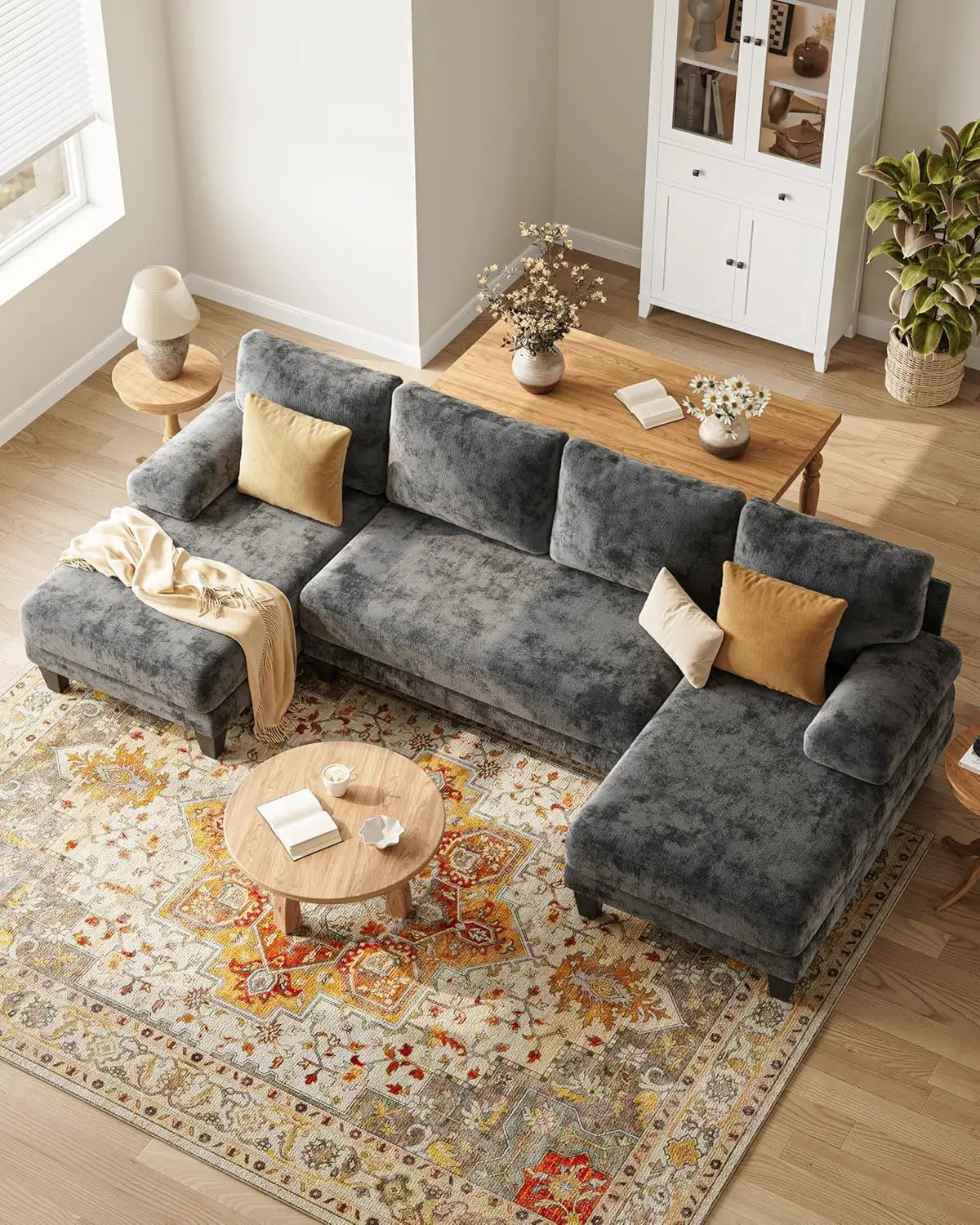 U-Shaped Sectional Couch Double Chaise Chenille Upholstery 112in Modern Living Room Apartment, Customized