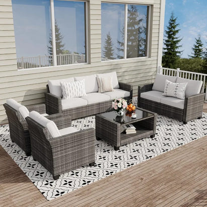 5 Piece Outdoor Patio Furniture Sets, Wicker Conversation Set for Porch Deck, Gray Rattan Sofa Chair with Blue Cushion, Brown