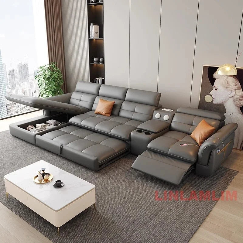 Modern Electric Recliner Sofa Bed with Adjustable Backrest, L-Shaped Multifunctional Italian Genuine Leather Sectional Couch
