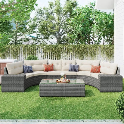 8-Piece Outdoor Patio Conversation Set, PE Rattan Wicker Half-Moon Sectional Sofa, All-Weather Seating for Gardens and Patios