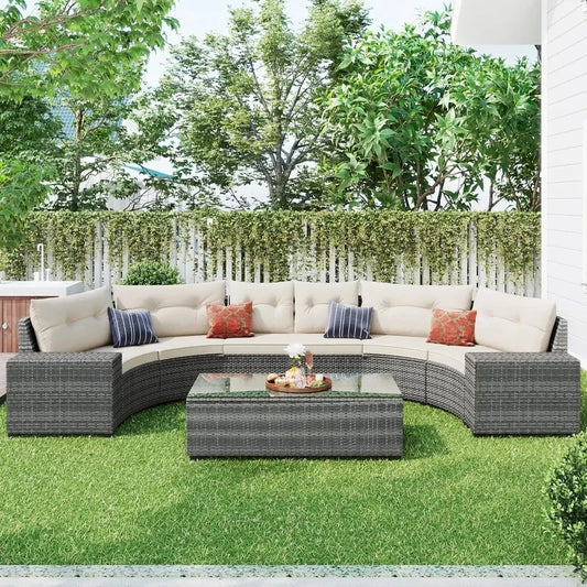 8-Piece Outdoor Patio Conversation Set, PE Rattan Wicker Half-Moon Sectional Sofa, All-Weather Seating for Gardens and Patios
