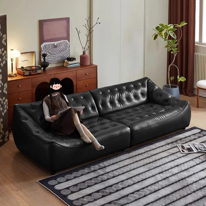 Retro oil wax leather sofa, small apartment living room straight row sofa, large sitting depth movable backrest medium ancient