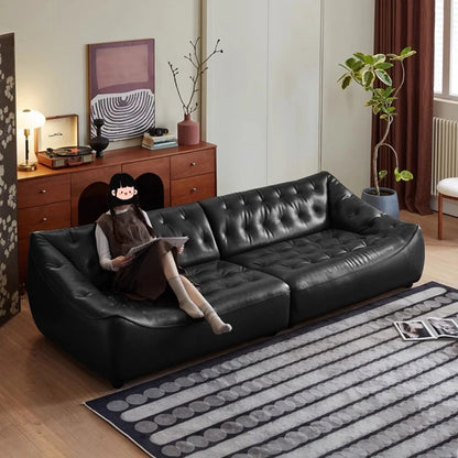 Retro oil wax leather sofa, small apartment living room straight row sofa, large sitting depth movable backrest medium ancient