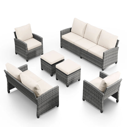 6 Pieces Outdoor Patio Furniture Set, Wicker Sectional Sofa Patio Conversation Set Couch with Ottomans for Outside Backyard Porc