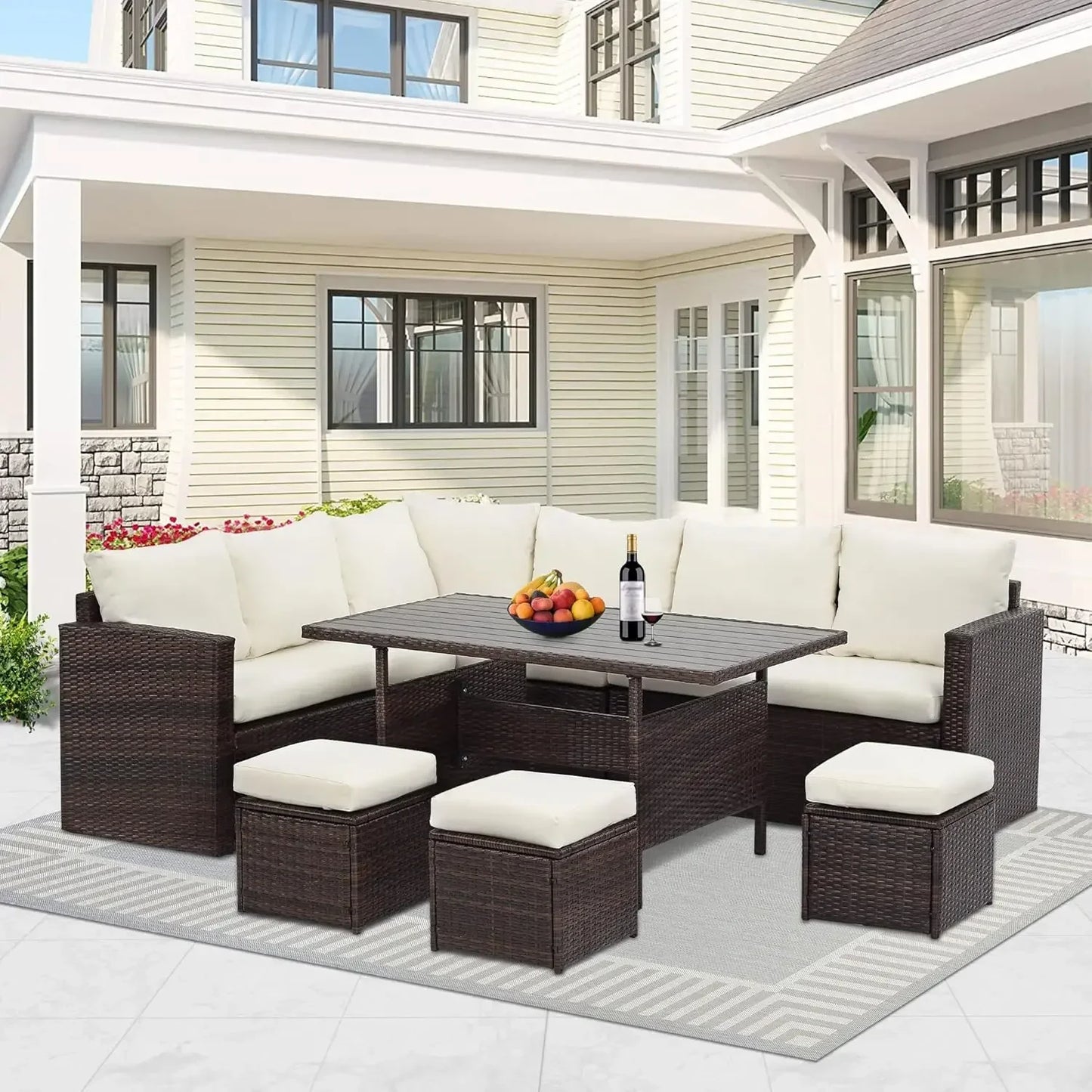 A Patio Furniture Set All Weather Wicker Patio Conversation Sets with Cushion Seat & Pillows Outdoor Dining Set Patio