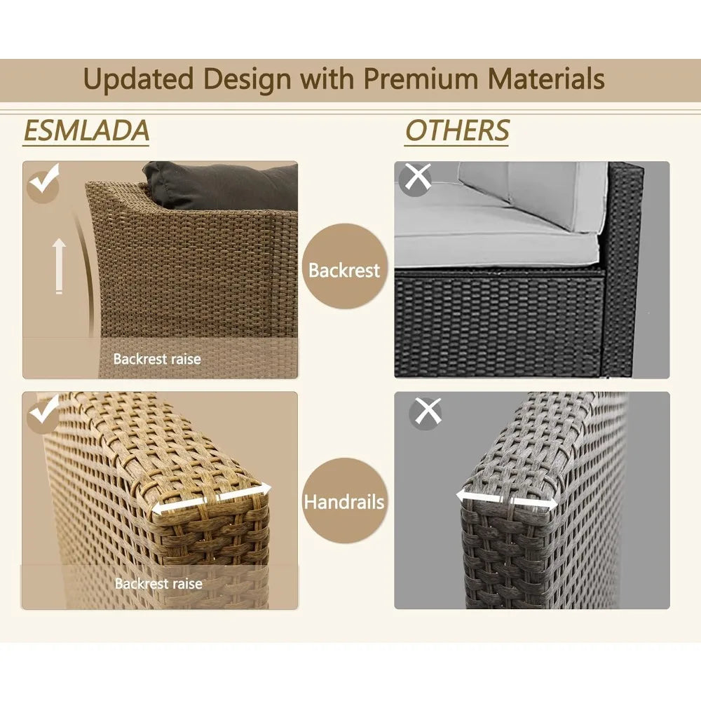 Patio Conversation Set Rattan Outdoor Sectional Furniture Sofa Set Wicker Couch with Coffee Table and Cushions for Poolside, Bac