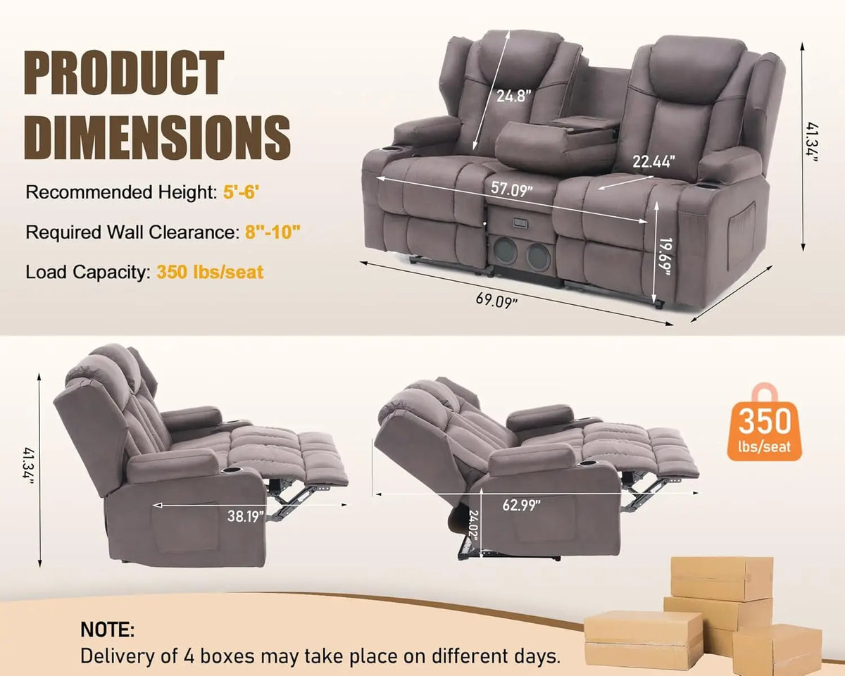 Massage Recliner Loveseat,Manual Oversize Reclining Lovesea Sofa with Cup Holders, USB Ports, Bluetooth Speaker and, Customized