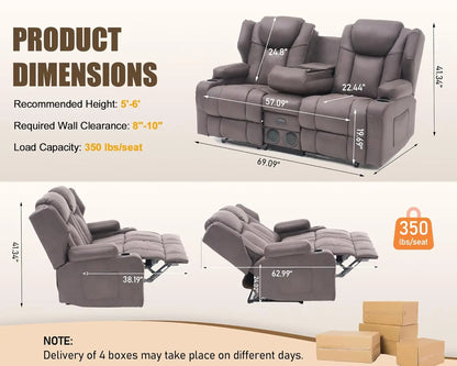 Massage Recliner Loveseat,Manual Oversize Reclining Lovesea Sofa with Cup Holders, USB Ports, Bluetooth Speaker and, Customized