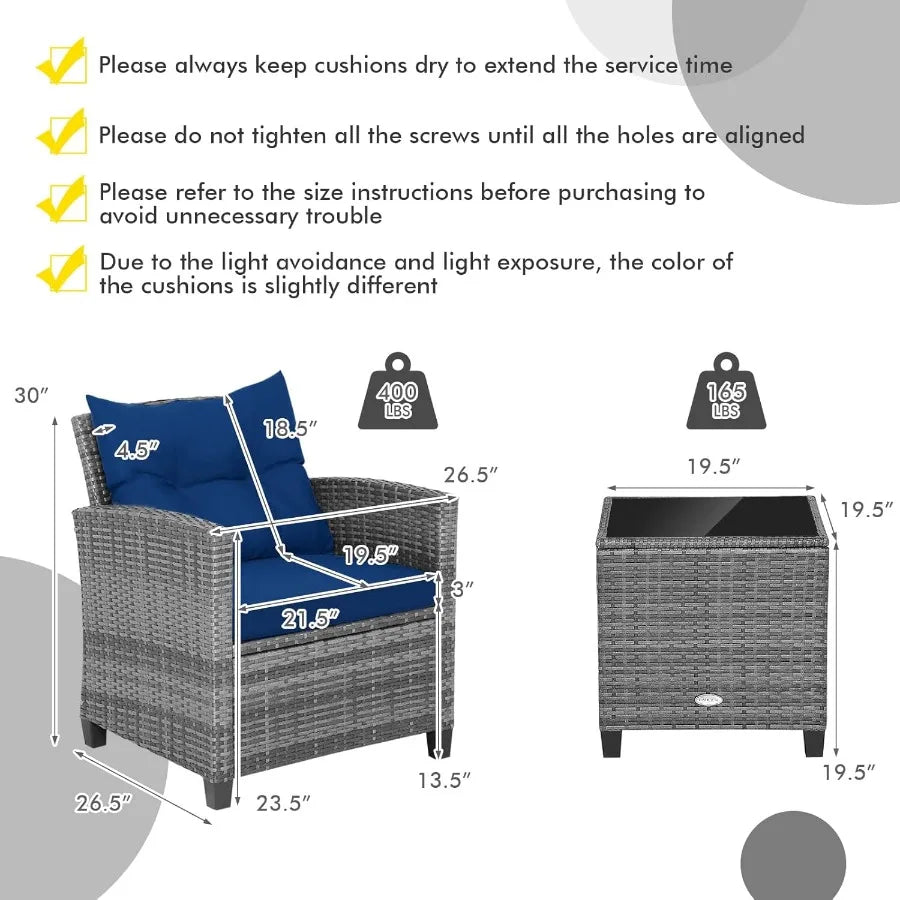 3 Piece Patio Furniture Set Outdoor Wicker Rattan Sofa with Cushions Coffee Table with Tempered Glass Conversation Sofa