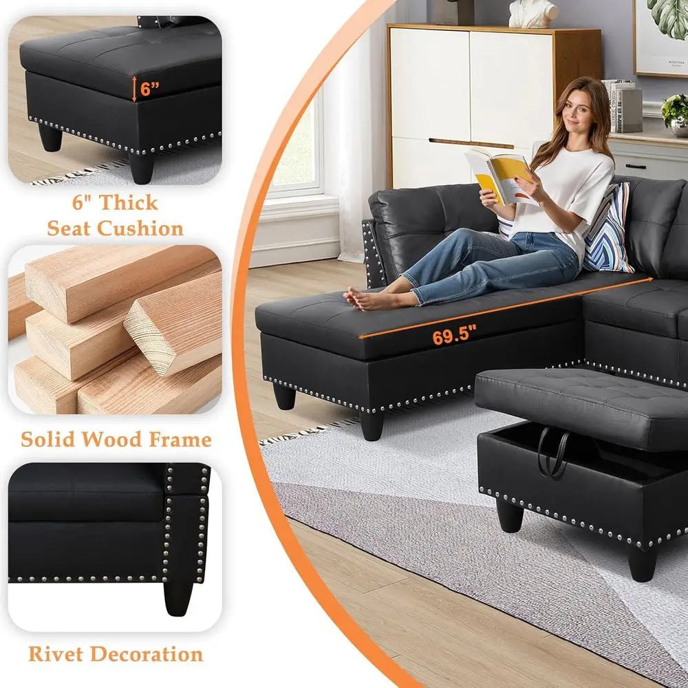 4-Seater L-Shape Sectional Sofa with Chaise, Ottoman, and Pillows | Black PU Leather Living Room Furniture