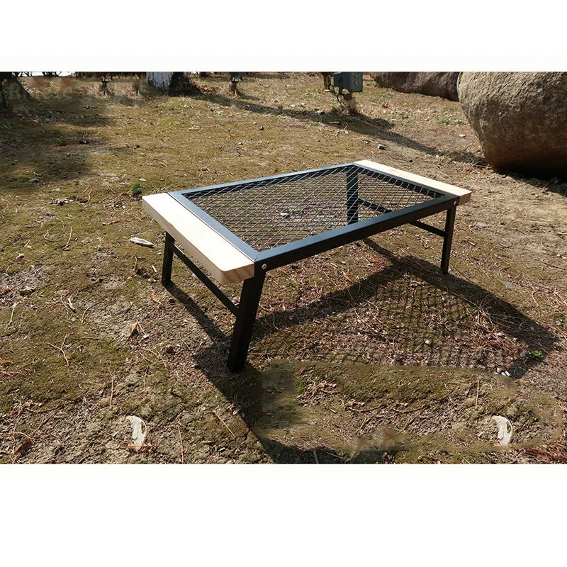 Outdoor Camping Table Mini Wrought Iron Folding Table Storage Barbecue Multi-functional Barbecue Net Table with Wooden Edge