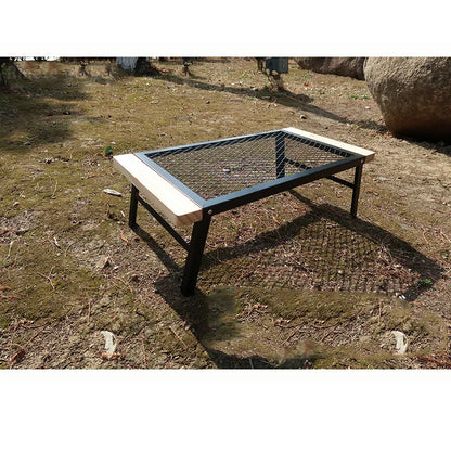 Outdoor Camping Table Mini Wrought Iron Folding Table Storage Barbecue Multi-functional Barbecue Net Table with Wooden Edge