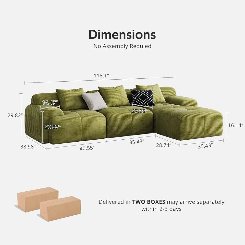 Green Oversized 3-Seat L-Shaped Corduroy Sectional Sofa with Ottoman