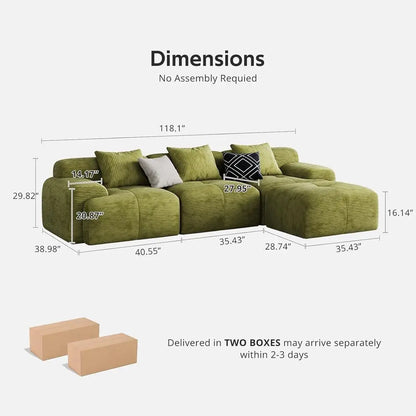 Green Oversized 3-Seat L-Shaped Corduroy Sectional Sofa with Ottoman