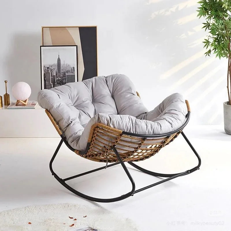Light Luxury Outdoor Rattan Rocking Chair, Comfortable Backrest Cushion, Metal Frame, Garden Balcony Single Leisure Chair