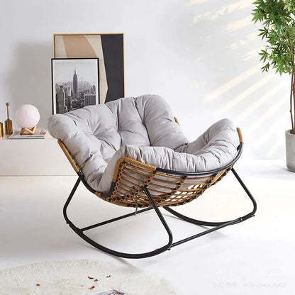 Light Luxury Outdoor Rattan Rocking Chair, Comfortable Backrest Cushion, Metal Frame, Garden Balcony Single Leisure Chair