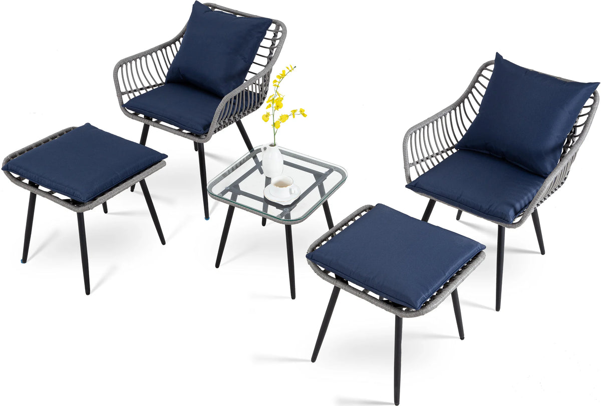 5 Piece Patio Furniture Set, Outdoor Wicker Small Conversation Bistro Set, All-Weather PE Rattan Chairs with Ottoman & Coffee Ta