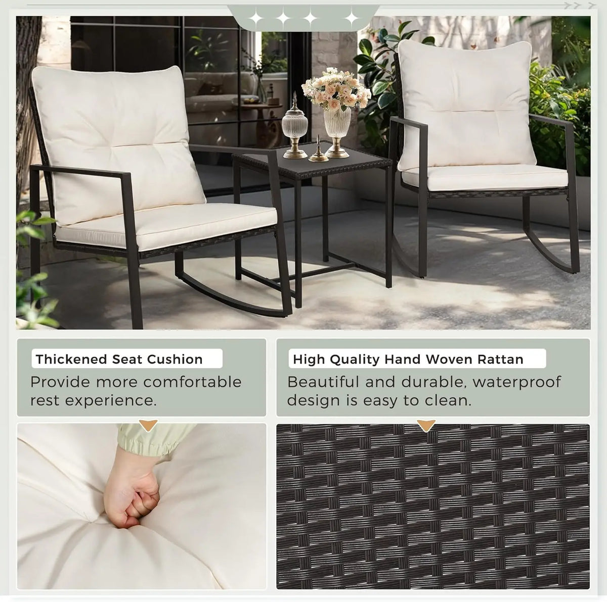 Curated Design 3 Piece Outdoor Rocking Bistro Set Black Wicker Furniture Porch Chairs Conversation Sets with Glass Coffee Tab