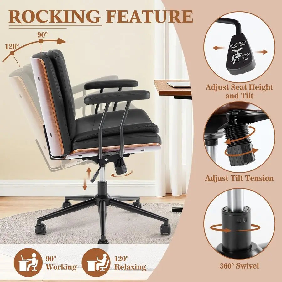 Office Desk Chair with Armrests amp Wheels, Modern Walnut Swivel Rolling Executive Task Chair, PU Leather Vanity Chair with Lumb