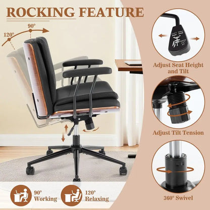 Office Desk Chair with Armrests amp Wheels, Modern Walnut Swivel Rolling Executive Task Chair, PU Leather Vanity Chair with Lumb