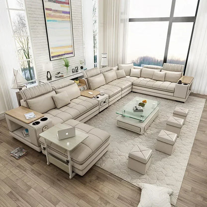 -Modern luxury premium genuine leather fabric wedding sectionals sofa couch set U shape sofas couchs bed living room furniture