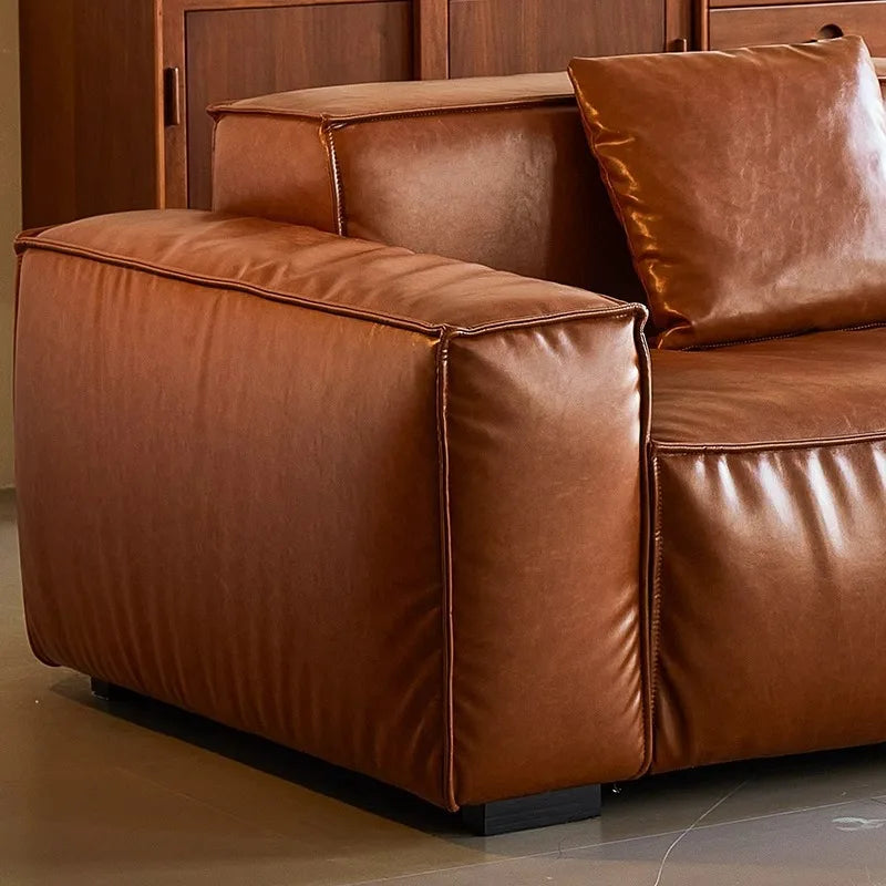 French Vintage Three-Person Genuine Leather Sofa Set in Ancient Caramel Tone for Small Living Rooms or Apartments