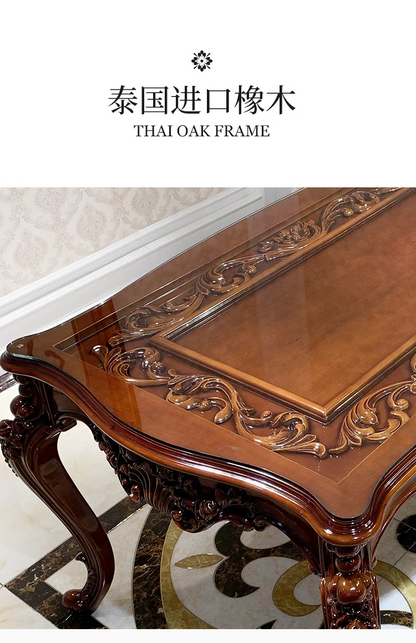 European-style all-solid wood dining table and chairs, living room, luxury villa home square table, French glass dining table
