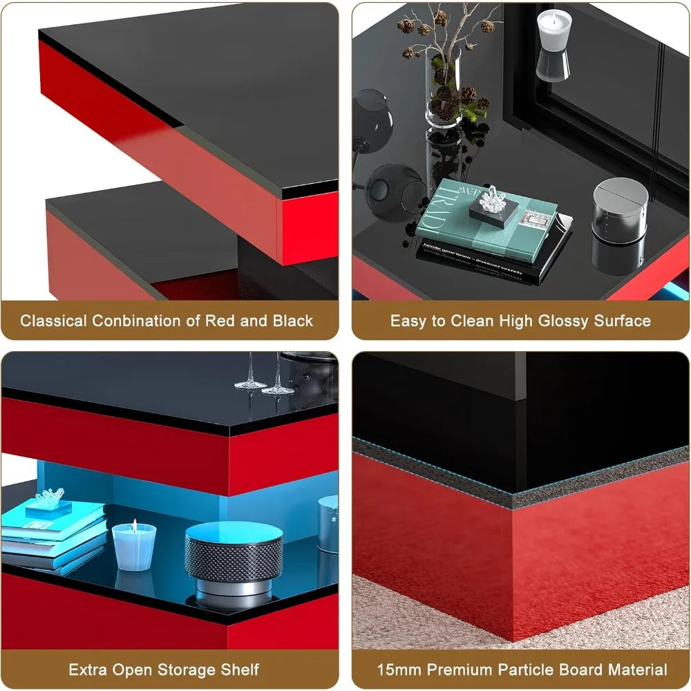 Red LED Coffee Table for Living Room, Living Room Table 2-Tier Square Modern High Glossy Contemporary Wood Coffee Tables