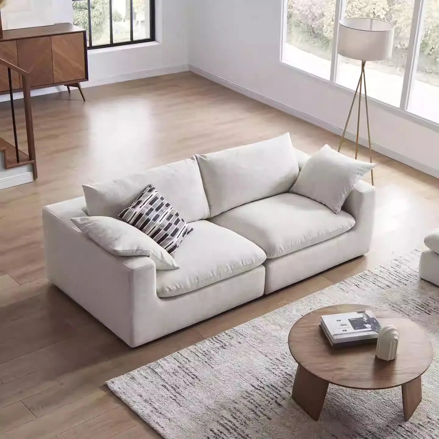 Nordic Cream White Linen Fabric Living Room Couch Sectional Cloud Sofa Modern Simple L Shaped Modular Corner Sofa Set Furniture