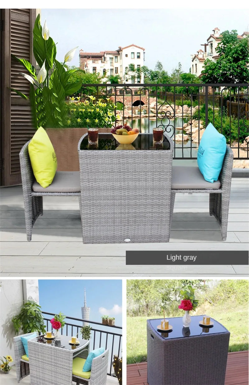 Balcony Rattan Garden Furniture Set 3-piece Courtyard Terrace Outdoor Round Table and Chairs Patio Leisure Table and Chairs B