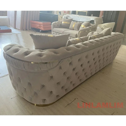 A Luxury Chesterfield Sectional Sofa Set With Cloth Buttons And Fabric Modular Couch With Gold Stainless Steel Base, 3-seater So