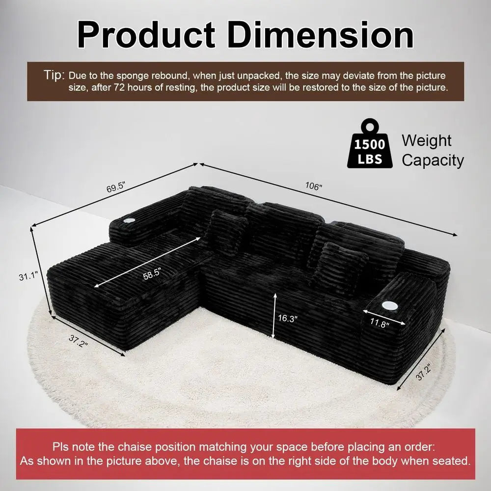 Cloud Sectional Couch with L-Shape Chaise, Modern Modular Sofa with Deep Seat, Built-in Cup Holder & Storage Pocket for Living