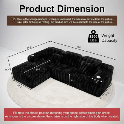 Cloud Sectional Couch with L-Shape Chaise, Modern Modular Sofa with Deep Seat, Built-in Cup Holder & Storage Pocket for Living