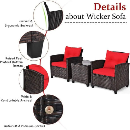 3-Piece PE Rattan Outdoor Sofa Set with Cushions and Glass Table for Patio, Balcony, Garden, Poolside (Red)