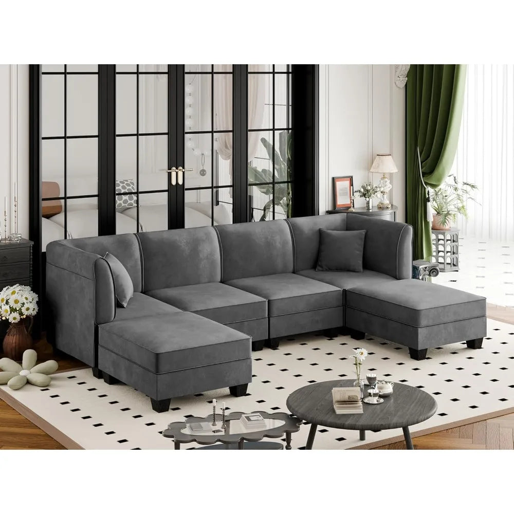 u-shaped velvet sectional sofa with reversible chaise for 6 people, 116