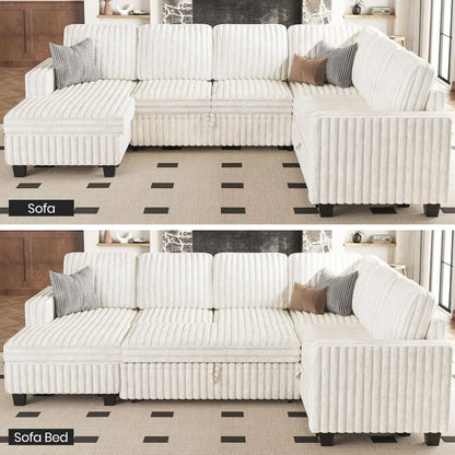 Corduroy Sleeper Sofa Bed with Storage Chaise Modular Sectional Sofa Couch with Pull Out Bed L Shaped Sectional Couches