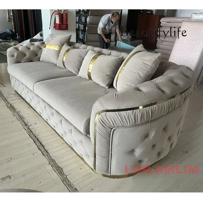A Luxury Chesterfield Sectional Sofa Set With Cloth Buttons And Fabric Modular Couch With Gold Stainless Steel Base, 3-seater So