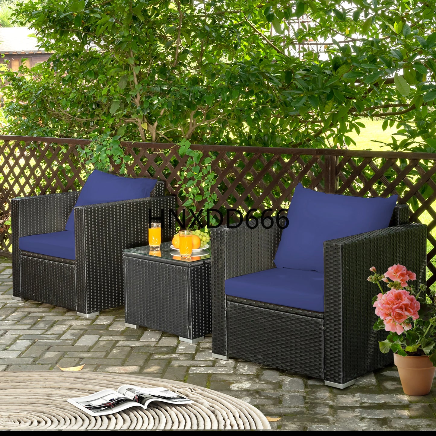 3PCS Patio Rattan Wicker Furniture Set Sofa Table W/Cushion Yard Navy