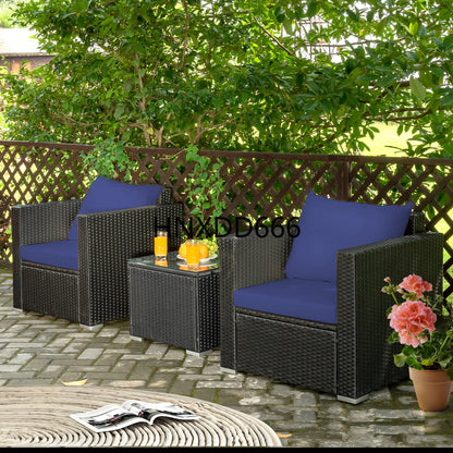 3PCS Patio Rattan Wicker Furniture Set Sofa Table W/Cushion Yard Navy